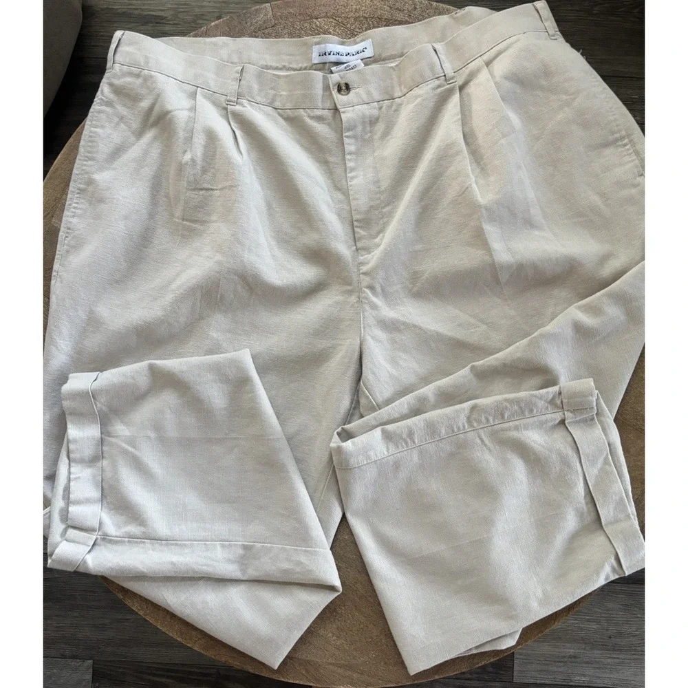 Men's 46x 32 Linen Cotton Pleated Dress Pants Beige Cuffed Irvine Park